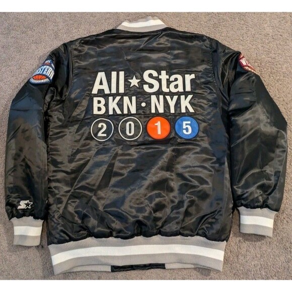 2015 Starter NBA All Star Game Brooklyn Quilted Black Satin Jacket Men's Medium - Picture 2 of 7